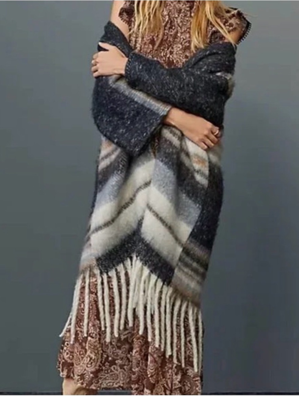Anthropologie Striped Kimono Open Front Blanket Coat Sweater Fringe One Size